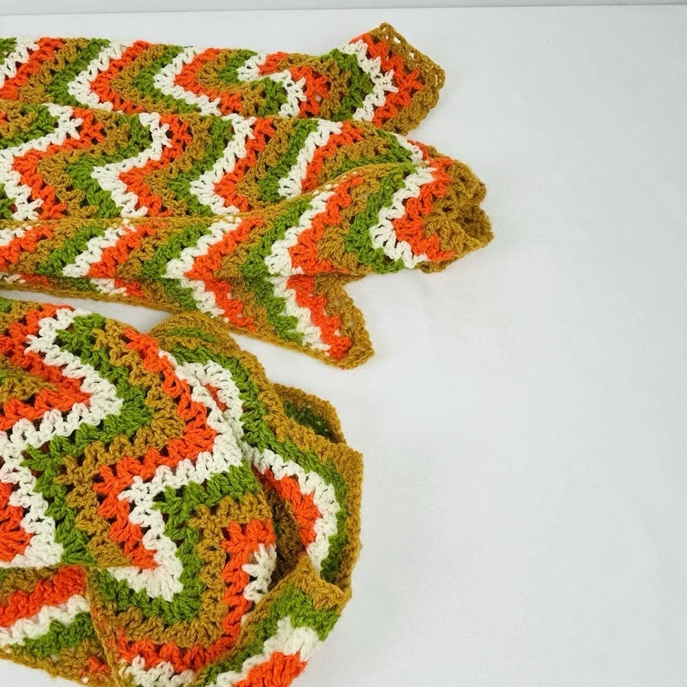 Handmade Throw Blanket Crocheted Granny Afghan Green Gold Orange White 80 x 48